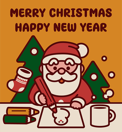 Cute Christmas Characters Vector Art Illustration.
Adorable Santa Claus sitting at a desk and drawing a snowman on a Christmas card to wish you a Merry Christmas and a Happy New Year.