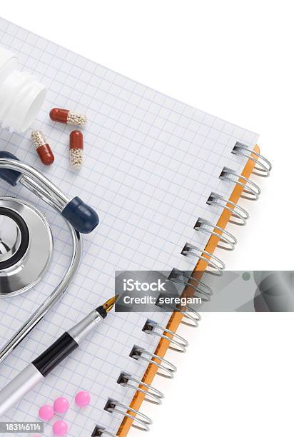 Stethoscope With Pills And Notebook Stock Photo - Download Image Now - Capsule - Medicine, Cut Out, No People