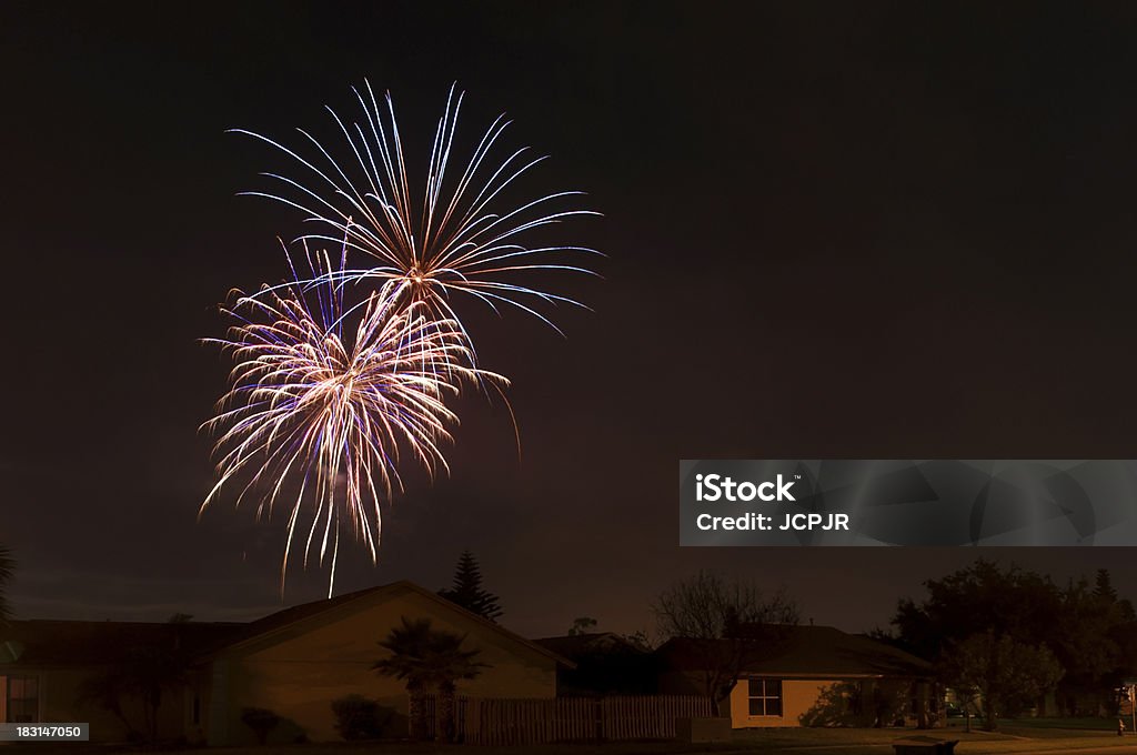 Neighborhood Fireworks Neighborhood fireworks over homes on the fourth of July Abstract Stock Photo