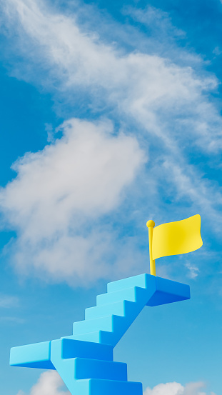 Two level blue stairs with yellow flag at the top with sky and clouds, goal and improvement theme, 3d rendering, vertical image