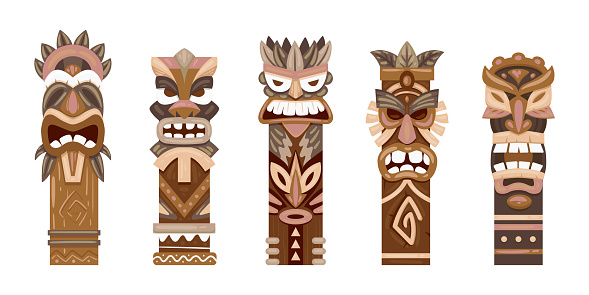 Cartoon tiki totems. Aboriginal wooden statues, ritual pole totems flat vector illustration set. Indigenous traditional sculptures