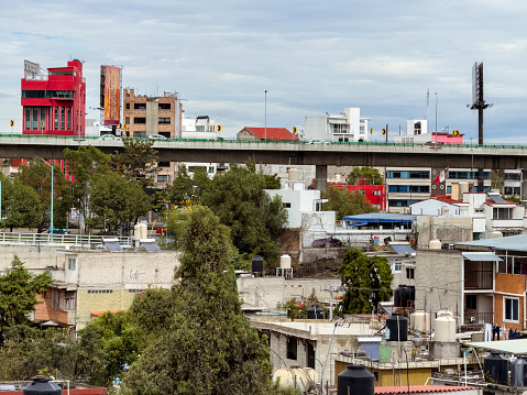 Cityscape with elevated road in Mexico City, Tlalpan neighborhood