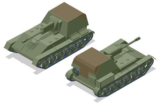 Isometric USSR Tank, self-propelled artillery SU-76. Armoured fighting vehicle designed for front-line combat, with heavy firepower.