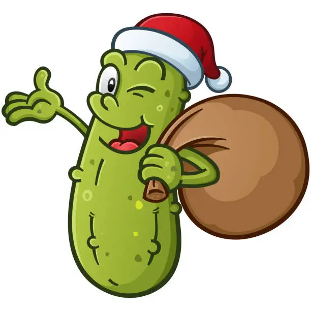 Vector illustration of Winking pickle cartoon character dressed as santa claus on christmas holding a toy sack