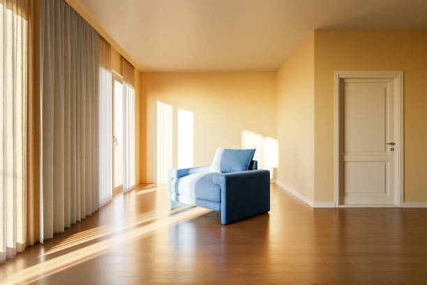 Blue chair in empty living room. 3D generated image.