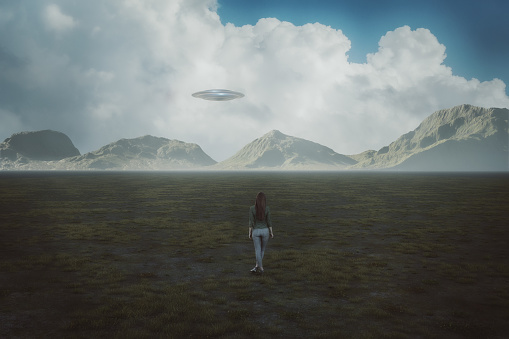 Woman looking at UFO in remote rural location. 3D generated image.