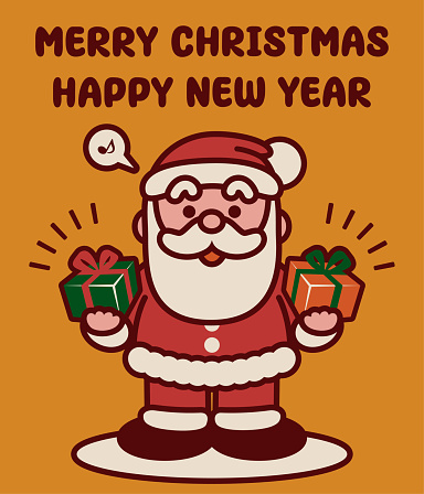 Cute Christmas Characters Vector Art Illustration.
Adorable Santa Claus holds two Christmas presents and wishes you a Merry Christmas and a Happy New Year.