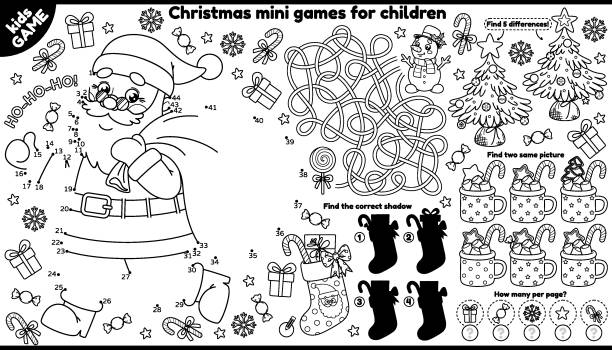 Vector Christmas games placement for children Vector Christmas games placement for children. Outline set with Santa running with a bag of gifts, Xmas tree, New Year sock. Coloring. Kids activity mat. Maze, connect the dots, find the differences. multiplication worksheet stock illustrations