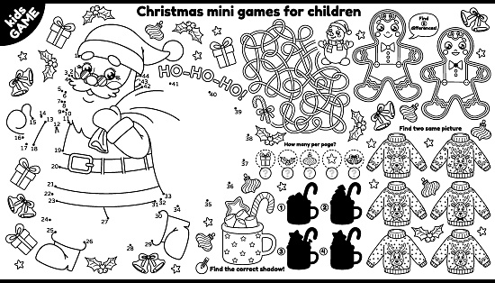 Vector Christmas games placement for children. Outline set with Santa  running with bag of gift, gingerbread man, Xmas sweaters. Coloring. Kids activity mat. Maze, connect the dots, find differences.