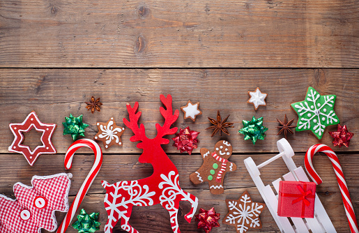 Christmas homemade decoration on rustic wooden table