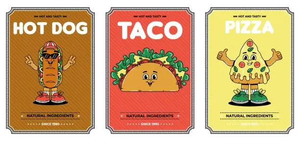 Vector illustration of Retro groovy cartoon character fast food posters set. Vintage mascot Taco, Pizza, Hot dog with psychedelic smile and emotion. Funky vector illustration