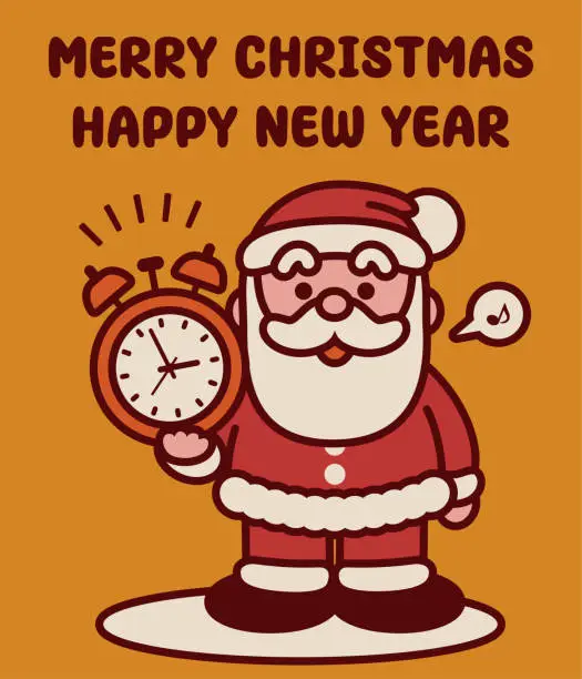 Vector illustration of Adorable Santa Claus holds an alarm clock to remind him of the work to be done on Christmas