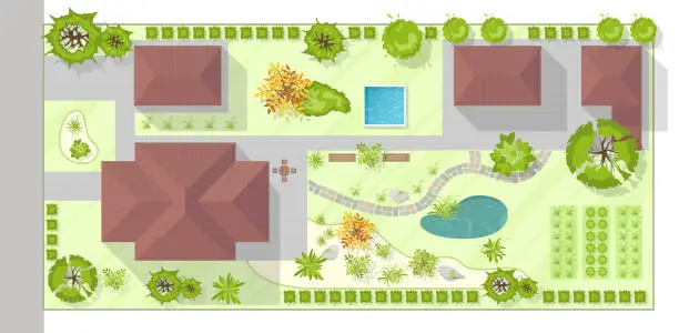 Vector illustration of Landscape design plan with house, courtyard, lawn and garage top view. Highly detailed plan of country with modern cottage, garden, pond, pool. Vector illustration of Cityscape, Map of town, village