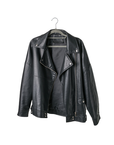 Black leather jacket shot from front and back side on white background