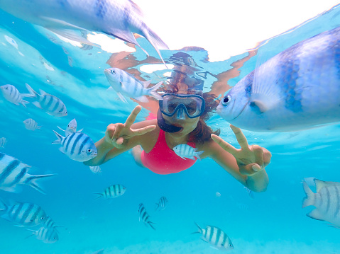 Asian woman on a snorkeling trip at Samaesan Thailand. dive underwater with Nemo fishes in the coral reef sea pool. watersport adventure, swim activity on a summer beach holiday