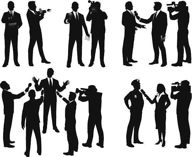 News Reporters Silhouettes of reporters, camera operators, and people being interviewed. Files included – jpg, ai (version 8 and CS3), svg, and eps (version 8) interview camera stock illustrations