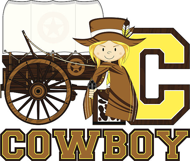 Cowboy Learn to Read Illustration Cute Wild West Cowboy & Chuck Wagon Learn to Read Illustration. girl with cowboy hat stock illustrations