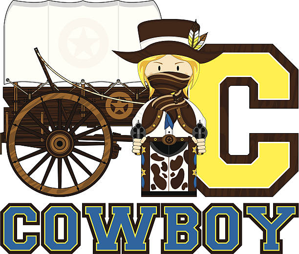 Cowboy Learn to Read Illustration Cute Wild West Cowboy & Chuck Wagon Learn to Read Illustration. girl with cowboy hat stock illustrations