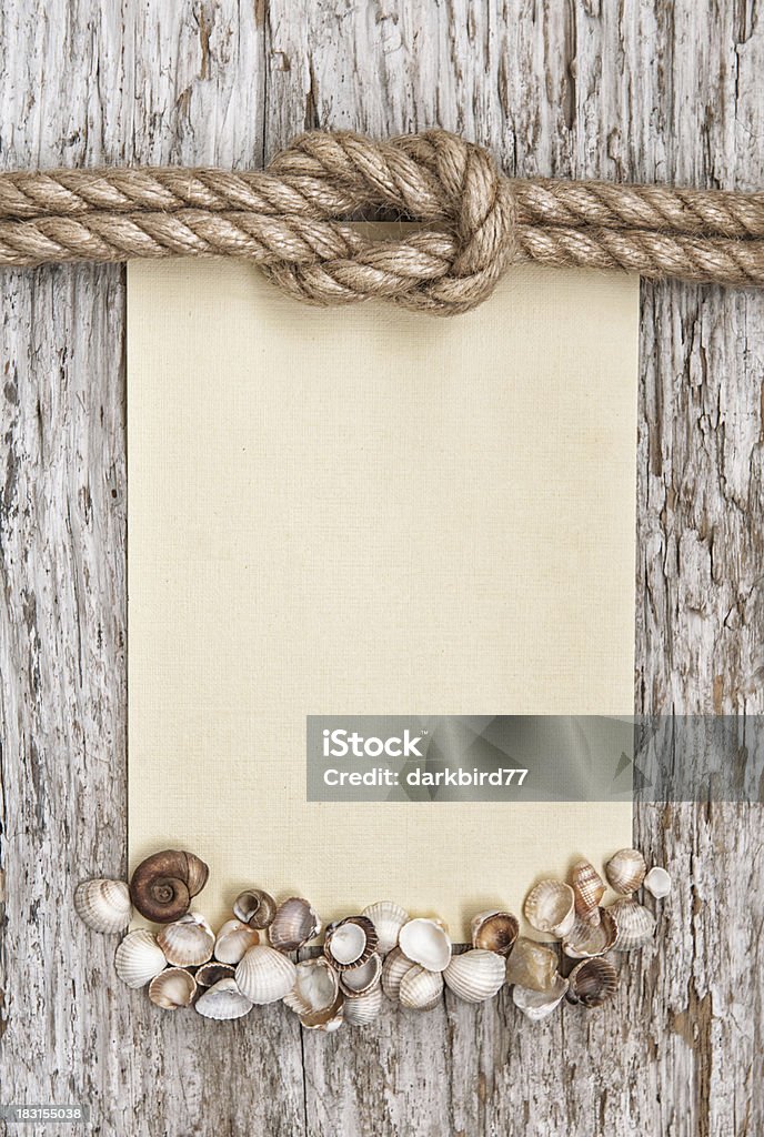 Nave corda, tela, conchiglie e legno sfondo - Foto stock royalty-free di A forma di blocco