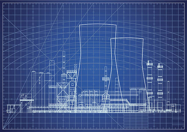 kernkraftwerk blueprint vektor-illustration - fabrik grafiken stock-grafiken, -clipart, -cartoons und -symbole