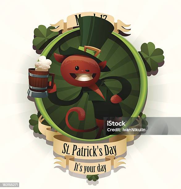 Saint Patrick Cat With A Mug Of Beer Label Stock Illustration - Download Image Now - Alcohol - Drink, Animal, Animal Markings