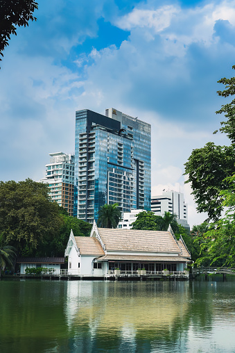 Bangkok, Thailand - 5 November 2023: skyscrappers in Bangkok city, Lumphini Park