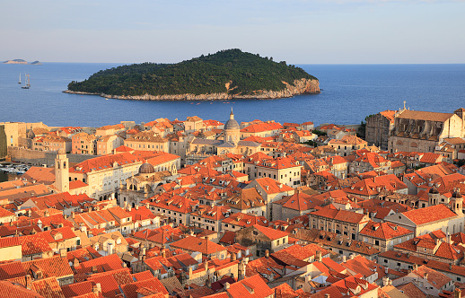 Aerial view of Dubrovnik Old Town on coast of Adriatic Sea, Croatia, Europe