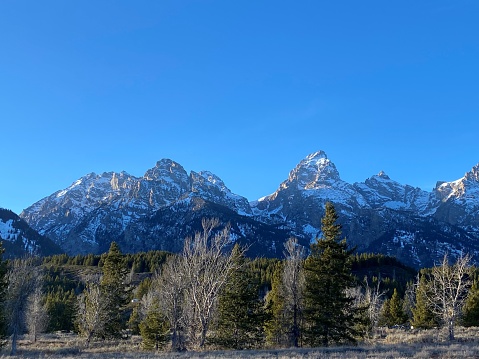 Grand Teton Mountain Range - Grand Teton National Park; Jackson Hole, Wyoming Blue Sky Early Evening with trees