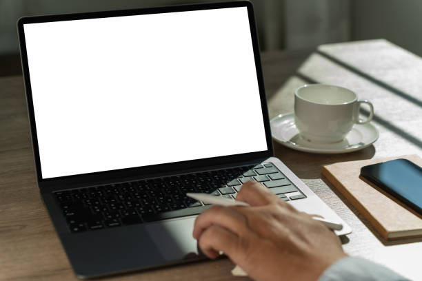istock Laptop with blank screen on table. Workspace background new project on laptop computer with blank copy space screen for your advertising text message 1831581515
