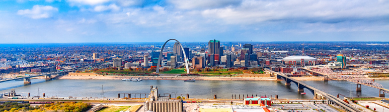 Aerial view of the downtown district of St. Louis, Missouri along the banks of the mighty Mississippi River shot via helicopter from an altitude of about 500 feet.