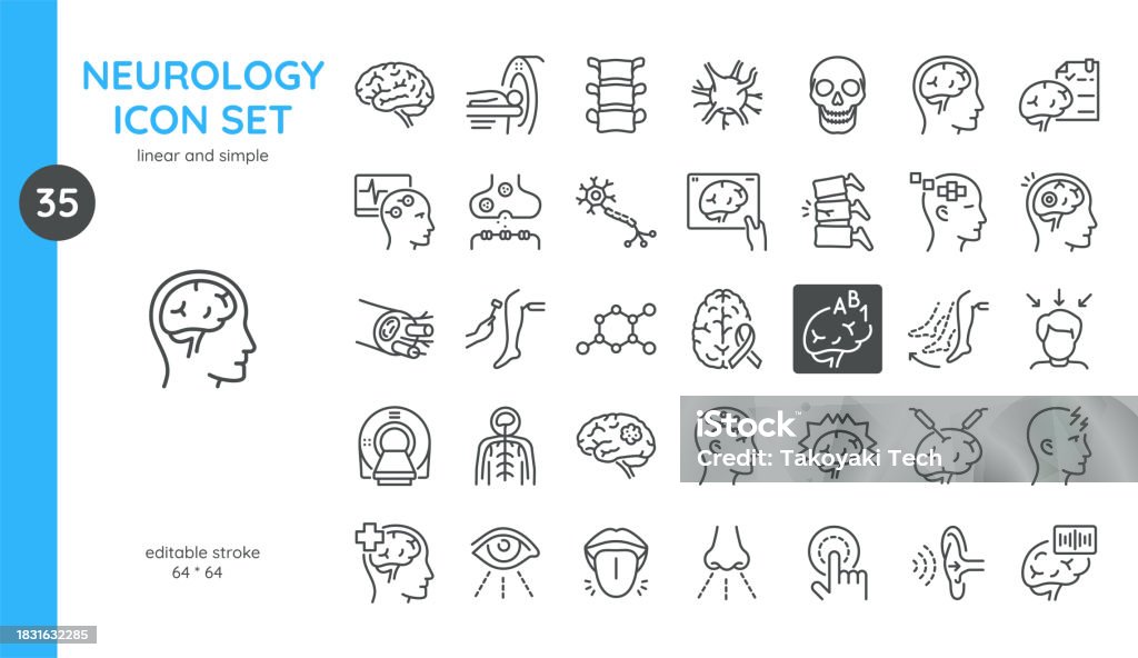 Neurology Icons Set. Thin Linear Illustrations of Brain, Neuron, Spinal cord, Synapse, MRI and CT Scan, Perceptions, Mental Health Diagnostics and Examination. Isolated Outline Vector Signs. - Royaltyfri Ikon vektorgrafik Neurology Icons Set. Thin Linear Illustrations of Brain, Neuron, Spinal cord, Synapse, MRI and CT Scan, Perceptions, Mental Health Diagnostics and Examination. Isolated Outline Vector Signs. - Royaltyfri Ikon vektorgrafik