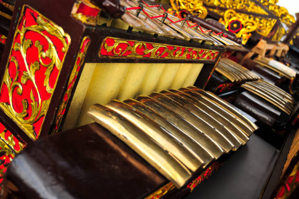 istock Gamelan is a traditional percussion musical instrument from Java, Indonesia made from brass plates lined up to form notes 1831642203