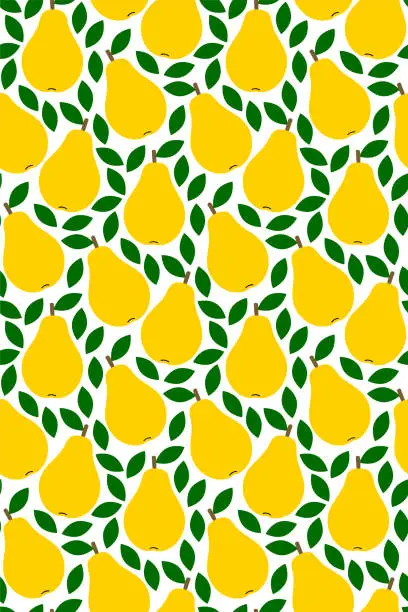 Vector illustration of Tropical background with pears. Fruit repeated background. Vector illustration of a seamless pattern with fruits. Modern exotic abstract design.