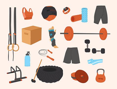 Vector workout objects set. Gym equipment flat design. Collection on sport theme. Ideal for web design, stickers, sport guide and tutorials