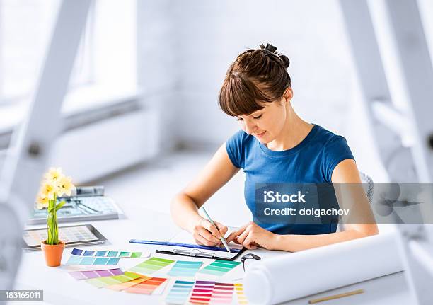 Woman Working With Color Samples For Selection Stock Photo - Download Image Now - Adult, Apartment, Artist's Palette