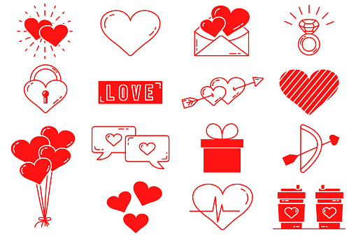 A set of editable vector elements. Valentines Day collection with editable stroke. Vector cute illustrations. A love letter. Isolated icons on a white background