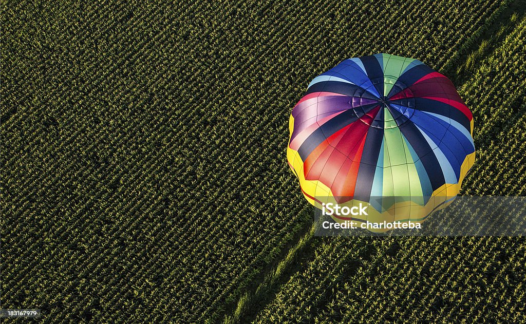 Globo aerostático de aire caliente/paracaídas volando sobre un campo - Foto de stock de Aire libre libre de derechos