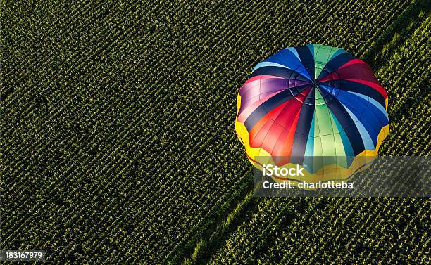 Globo Aerostático De Aire Calienteparacaídas Volando Sobre Un Campo Foto de stock y más banco de imágenes de Aire libre