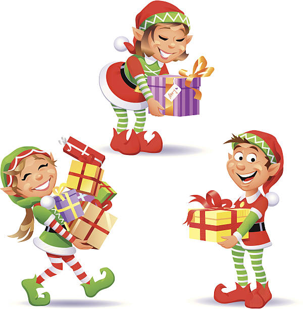 Christmas Elves 4 Three cute Christmas Elves isolated on white. EPS 8, fully editable, grouped and labeled in layers. santa claus elf assistance christmas stock illustrations