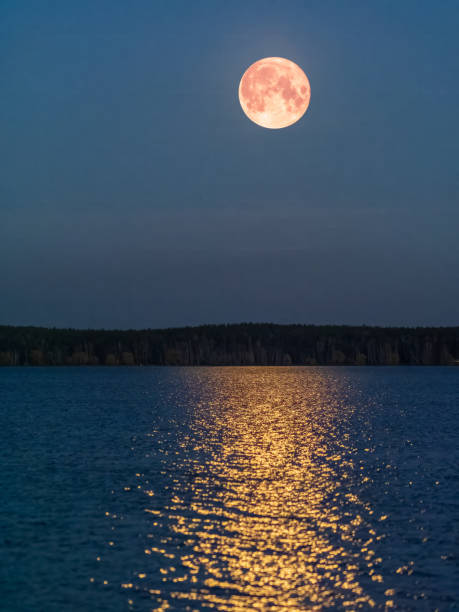 istock Super full blood moon and moon light over the night lake 1831696199