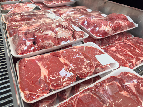 Ground beef im market display in butcher shop
