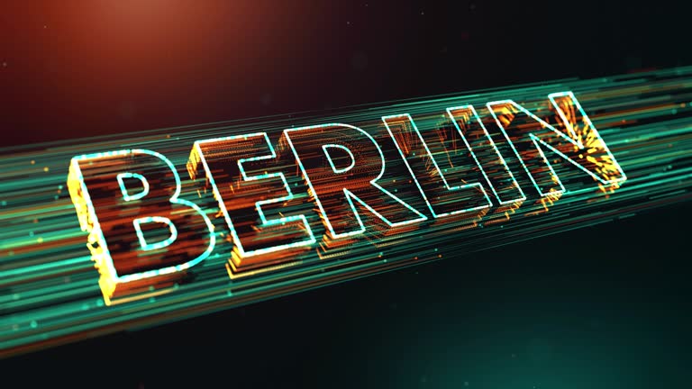 Futuristic Green Orange Blurry Focus Berlin 3D Perspective Text Reveal, Germany Capital City With Dotted Lines Particle Breeze Effect And Glitter Dust Light Flare