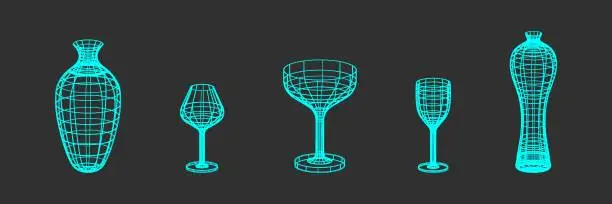 Vector illustration of Set of glasses, bottle and vase made of wire frame shapes. Trendy turquoise color on dark background linear retro design elements. 3D. Y2k . Vector illustration for social media or posters. Vector illustration