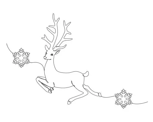 Vector illustration of Santa's Reindeer and Snowflakes Continuous Line Drawing with Editable Stroke