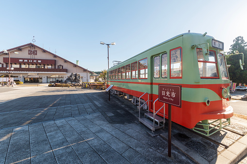 Nikko, Japan - November 01, 2023 : Old train displayed in front of tobu nikko staion