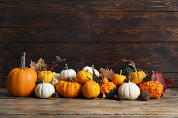 istock Thanksgiving day. Composition with pumpkins, leaves and conifer cones on wooden table 1831768663