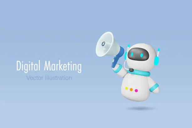 Vector illustration of AI chat bot holding megaphone. Artificial intelligence robot technology in digital marketing and social media concept. 3D cartoon character. Vector.