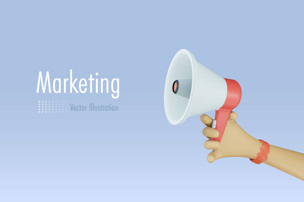 istock Hand holding megaphone. Digital marketing, social media, announcement and communication concept. 3D cartoon character 1831770733