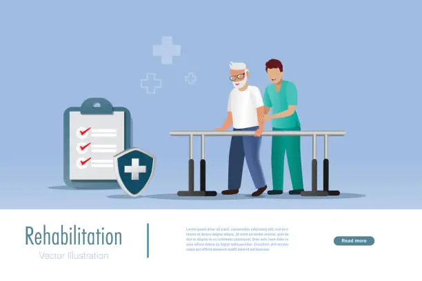 Vector illustration of Rehabilitation, physiotherapy concept. Physiotherapist assist senior man walking on parallel bar to recovery from orthopedic and trauma injury problem.