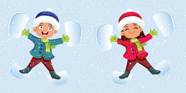 Kids Making Snow Angels Playing Outdoors During Winter Vector Cartoon Cheerful brother and sister having fun in the snowy landscape making snow angels stock illustrations